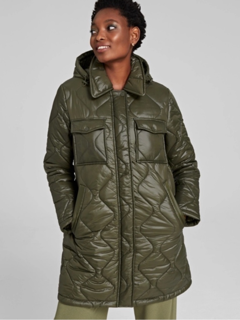 Calvin Klein Olive Green Quilted Puffer Coat with Hood MED NWT